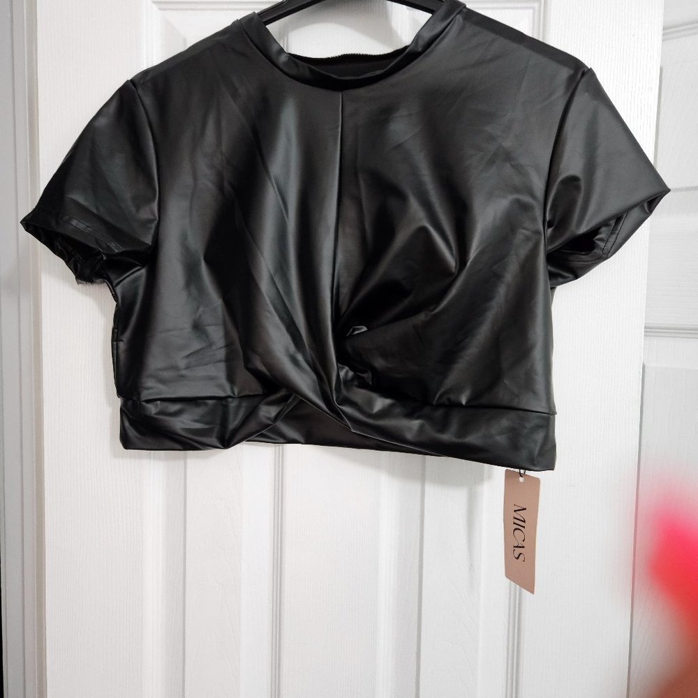 Shirt by micas, size L, black crop faux leather